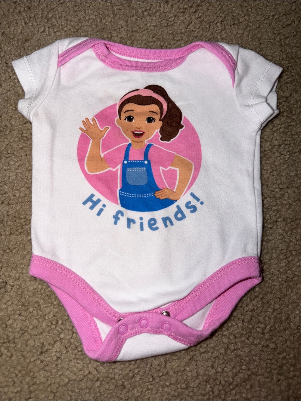 White and Pink Baby One-Piece Bodysuit with Friendly Character Graphic
